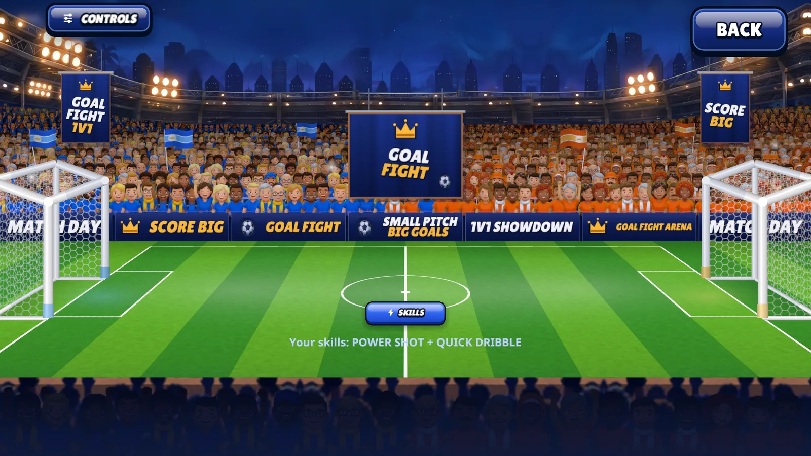 The Goal Fight stadium with its three hanging banners and seven pitch-side LED boards highlighted